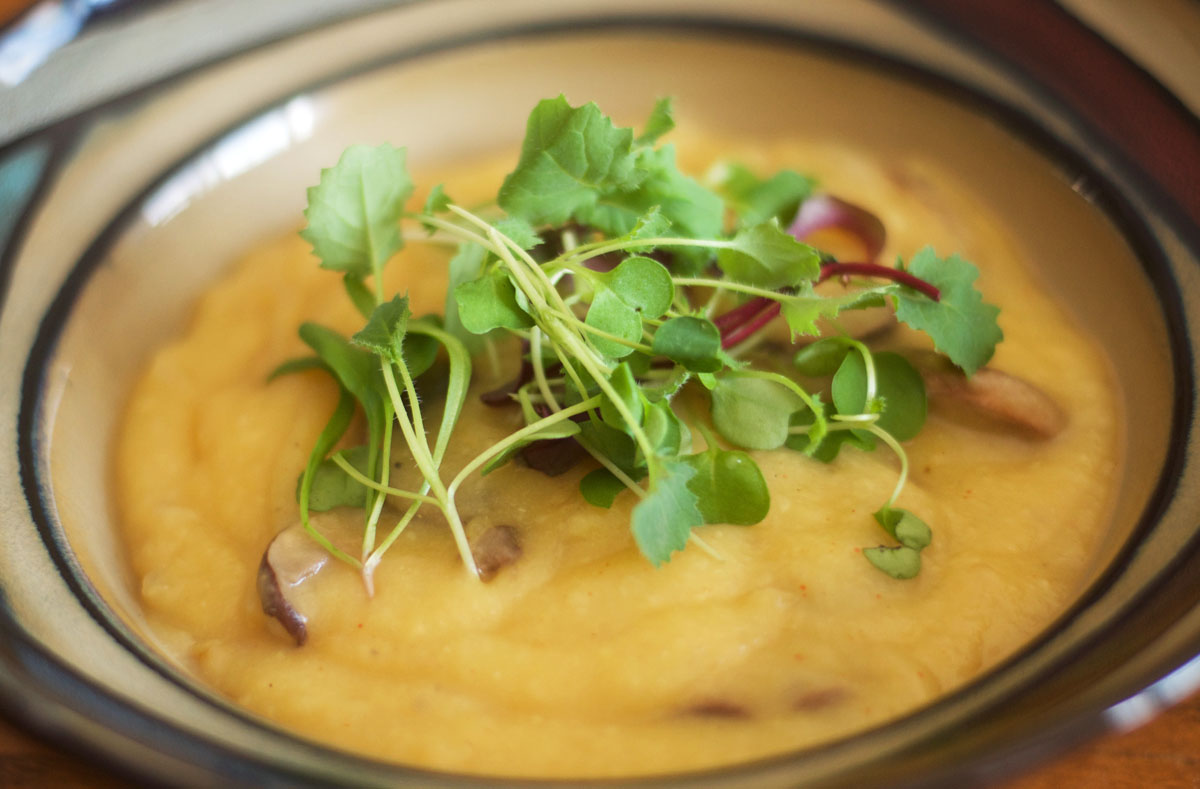 Recipe: golden rutabaga & parsnip soup with mushrooms & microgreens