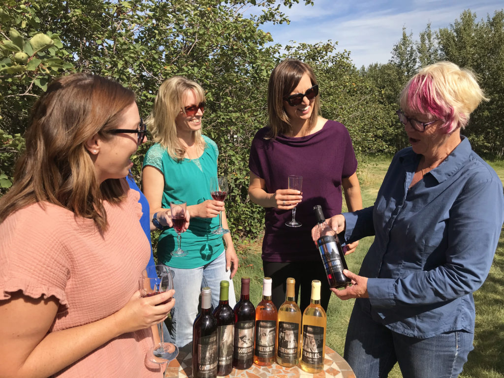 four women holding wine glasses standing beside a table of wines in an orchard