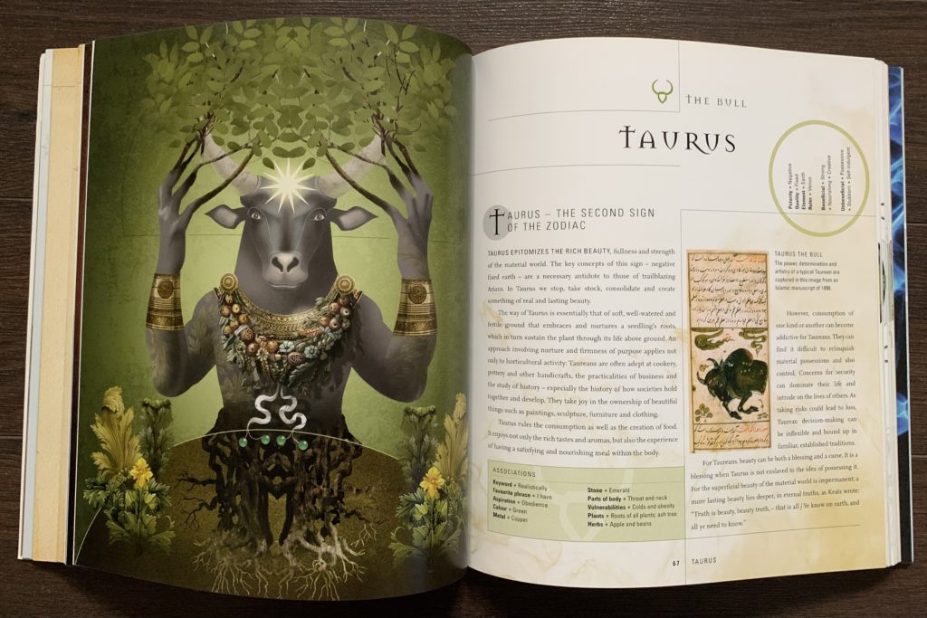 Two pages from The Secret Language of Astrology book showing a collage of Taurus the Bull.
